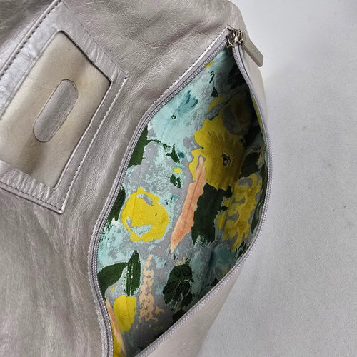 HOBO International Silver Leather Foldover Clutch Bag