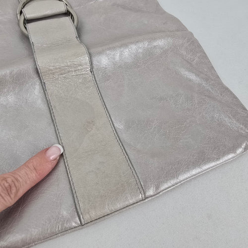 HOBO International Silver Leather Foldover Clutch Bag