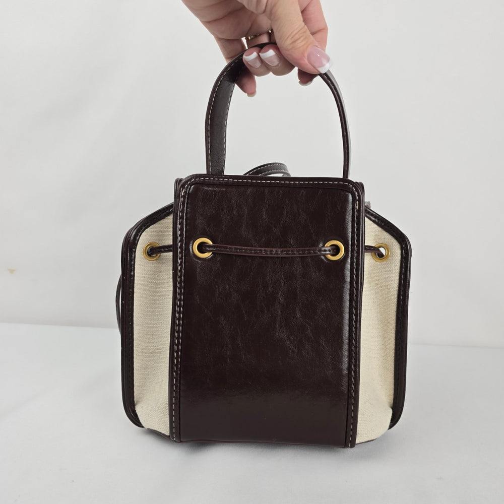 Zara Textured Mini Bucket Bag Canvas Brown Crossbody Top Handle
