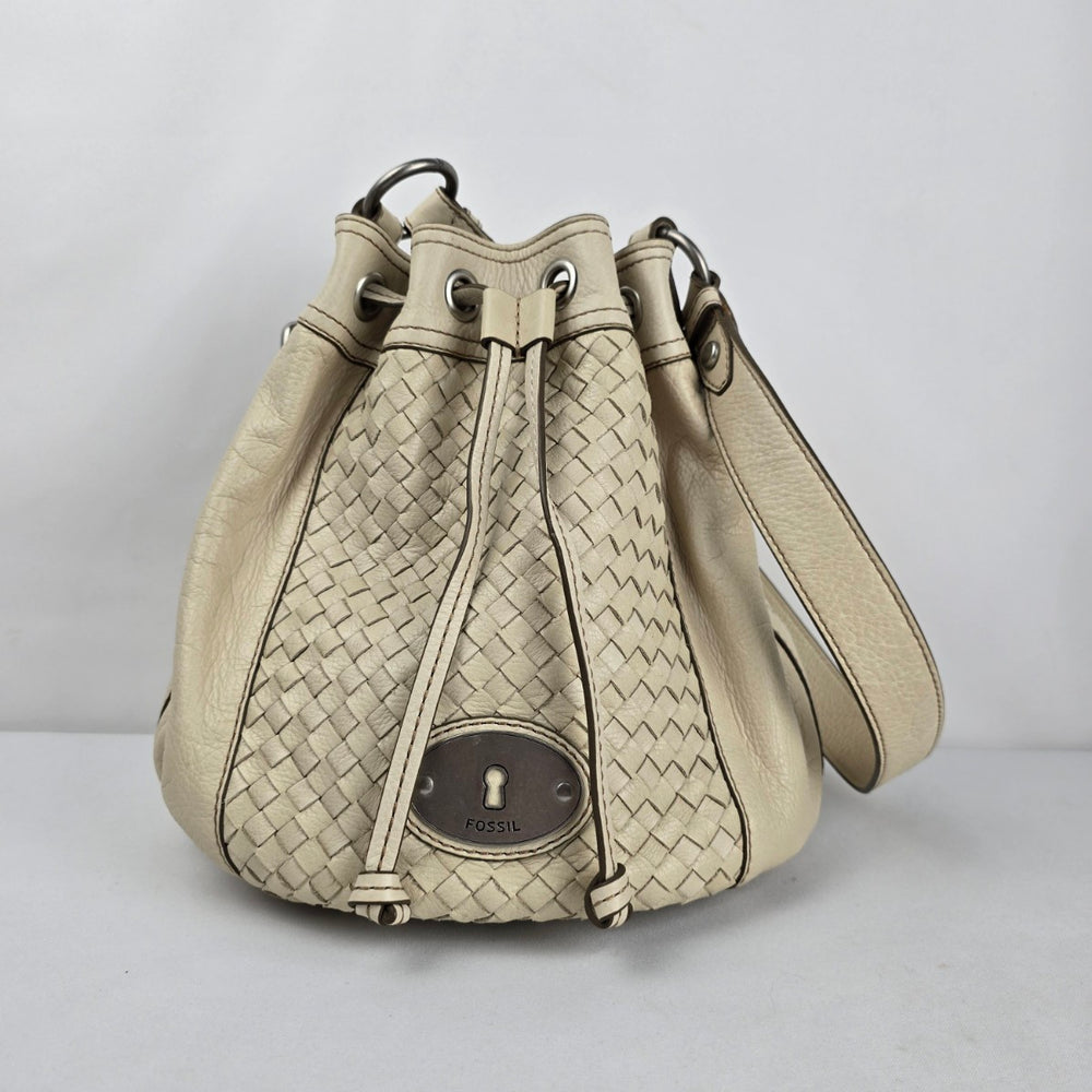 Fossil Cream Woven Leather Drawstring Bucket Shoulder Bag