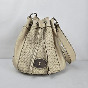 Fossil Cream Woven Leather Drawstring Bucket Shoulder Bag