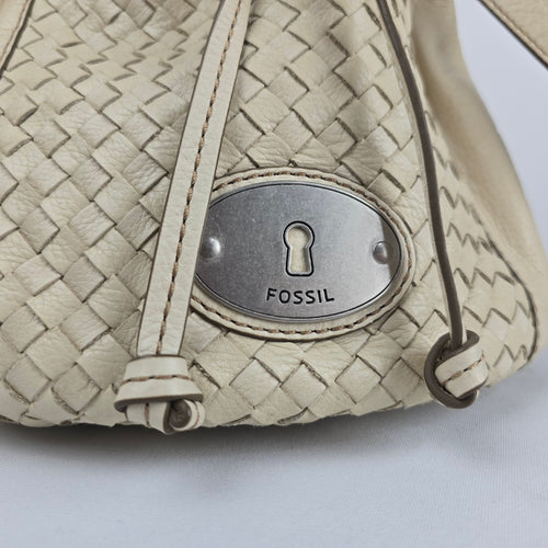 Fossil Cream Woven Leather Drawstring Bucket Shoulder Bag