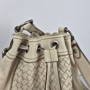 Fossil Cream Woven Leather Drawstring Bucket Shoulder Bag