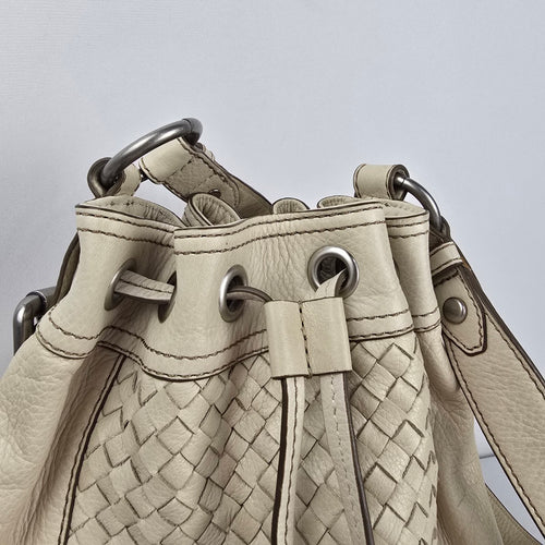Fossil Cream Woven Leather Drawstring Bucket Shoulder Bag
