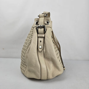 Fossil Cream Woven Leather Drawstring Bucket Shoulder Bag