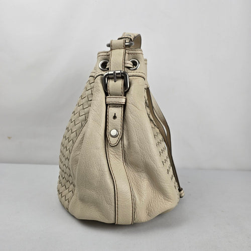 Fossil Cream Woven Leather Drawstring Bucket Shoulder Bag