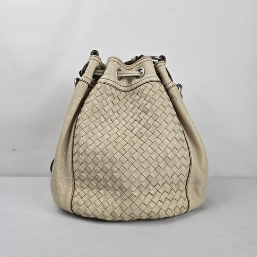 Fossil Cream Woven Leather Drawstring Bucket Shoulder Bag