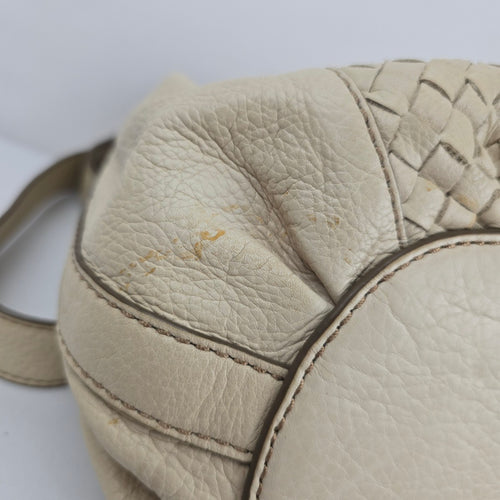 Fossil Cream Woven Leather Drawstring Bucket Shoulder Bag