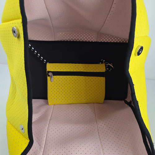 Yellow Perforated Neoprene Tote Bag with Zip Pouch Large Shoulder Handbag
