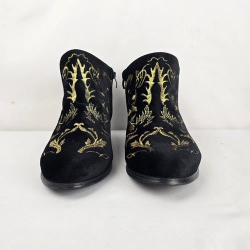 Torrid Women's Black Gold Embroidered Velvet Ankle Boots Size 9.5W