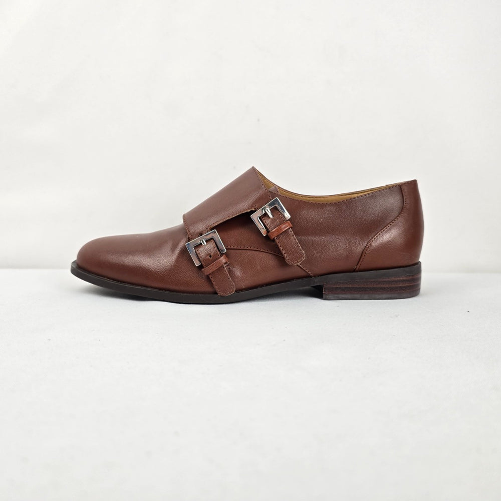 Nine West Brown Leather Double Monk Strap Loafers Dress Shoes Size 8.5