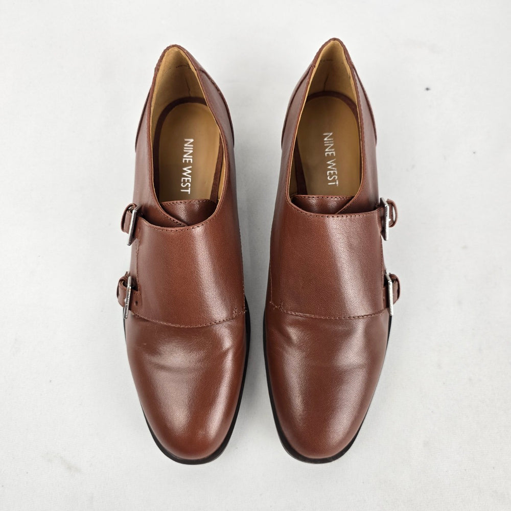 Nine West Brown Leather Double Monk Strap Loafers Dress Shoes Size 8.5