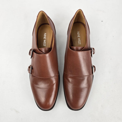 Nine West Brown Leather Double Monk Strap Loafers Dress Shoes Size 8.5