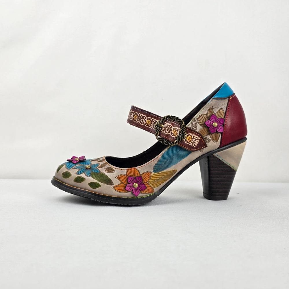 Socofy Women's Floral Leather Mary Jane Heels Size 8