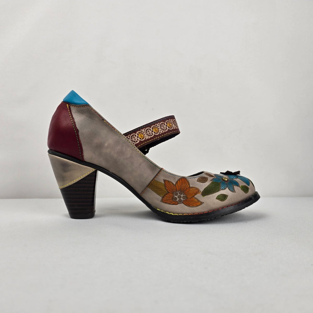 Socofy Women's Floral Leather Mary Jane Heels Size 8