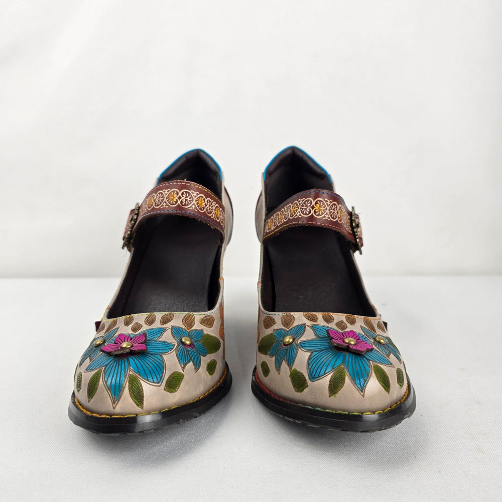 Socofy Women's Floral Leather Mary Jane Heels Size 8