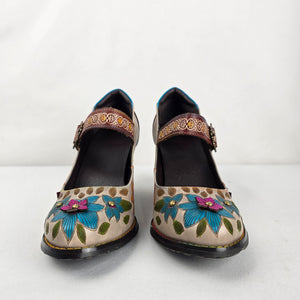Socofy Women's Floral Leather Mary Jane Heels Size 8