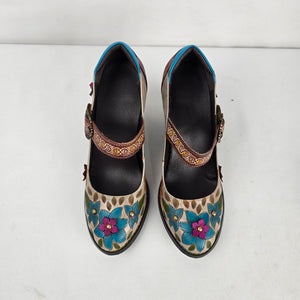 Socofy Women's Floral Leather Mary Jane Heels Size 8