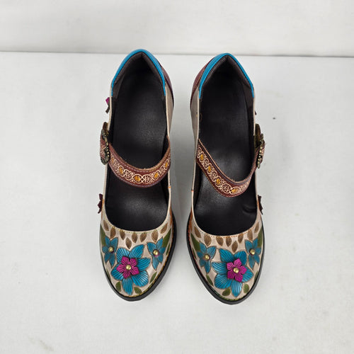 Socofy Women's Floral Leather Mary Jane Heels Size 8