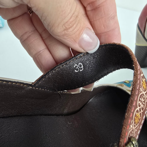 Socofy Women's Floral Leather Mary Jane Heels Size 8