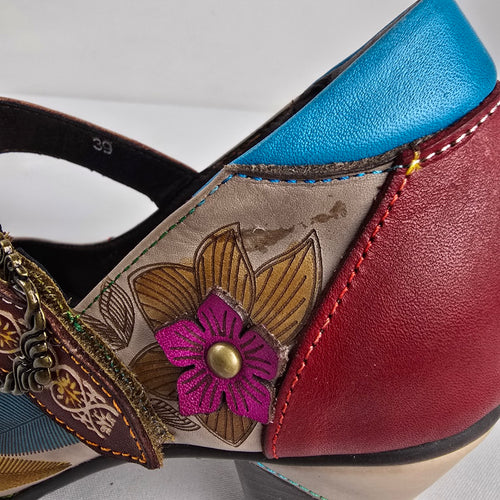 Socofy Women's Floral Leather Mary Jane Heels Size 8