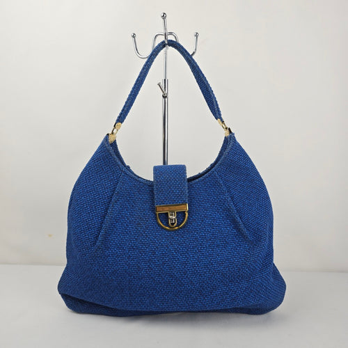 JR Blue Woven Canvas Hobo Shoulder Bag Gold Tone Hardware