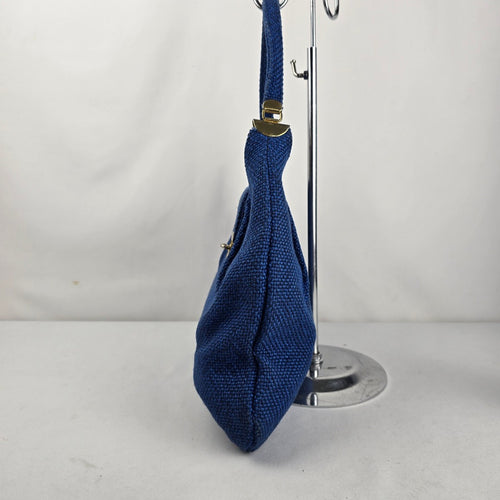 JR Blue Woven Canvas Hobo Shoulder Bag Gold Tone Hardware