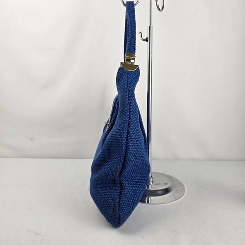 JR Blue Woven Canvas Hobo Shoulder Bag Gold Tone Hardware