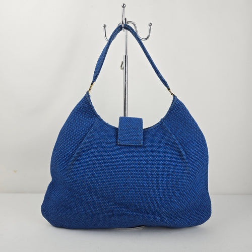 JR Blue Woven Canvas Hobo Shoulder Bag Gold Tone Hardware