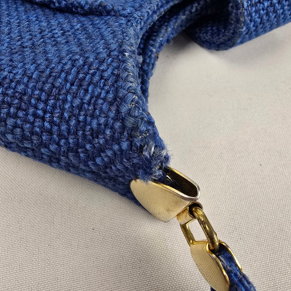 JR Blue Woven Canvas Hobo Shoulder Bag Gold Tone Hardware