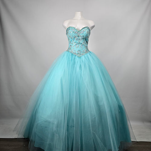 Morilee Madeline Gardner Aqua Beaded Strapless Ball Gown Grad Dress Size 6