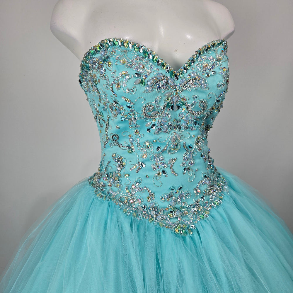 Morilee Madeline Gardner Aqua Beaded Strapless Ball Gown Grad Dress Size 6