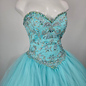 Morilee Madeline Gardner Aqua Beaded Strapless Ball Gown Grad Dress Size 6