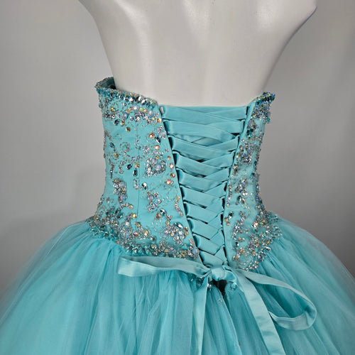 Morilee Madeline Gardner Aqua Beaded Strapless Ball Gown Grad Dress Size 6