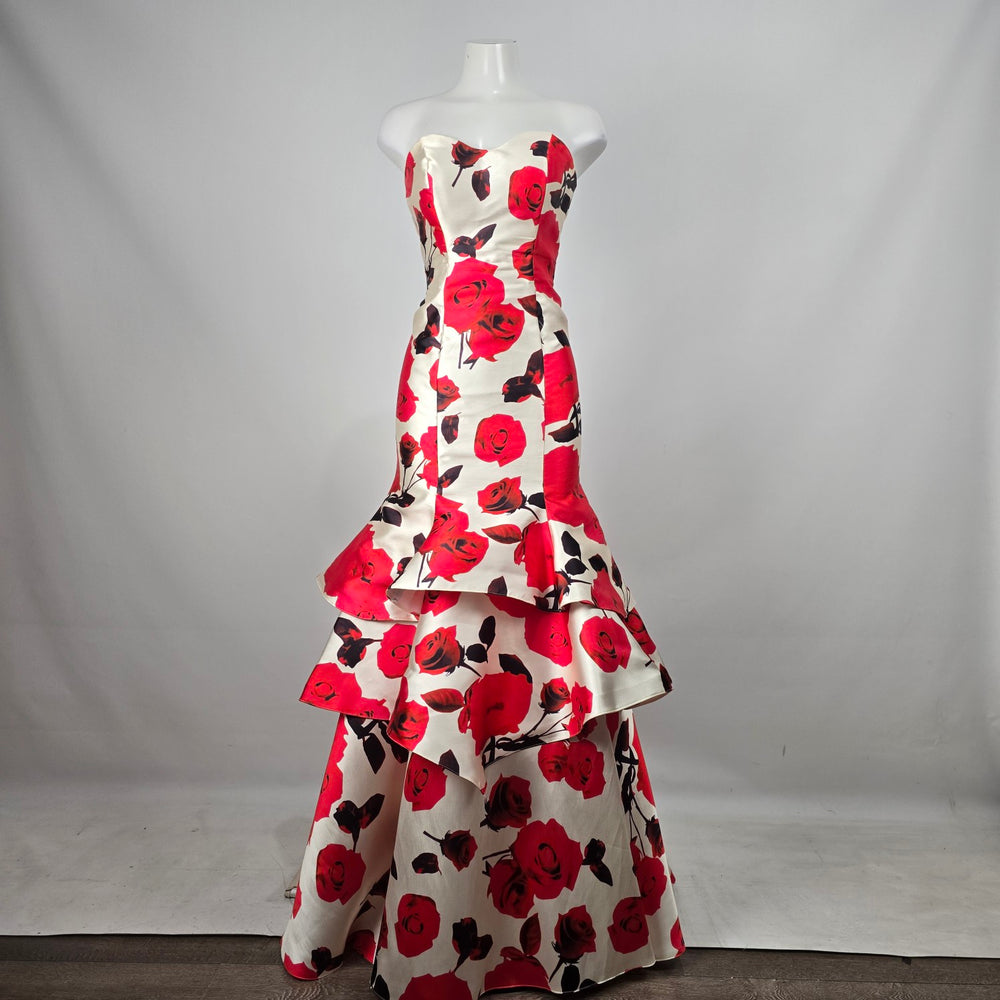 Jolene White Red Rose Print Strapless Mermaid Formal Gown Lace Up Back Size S/M