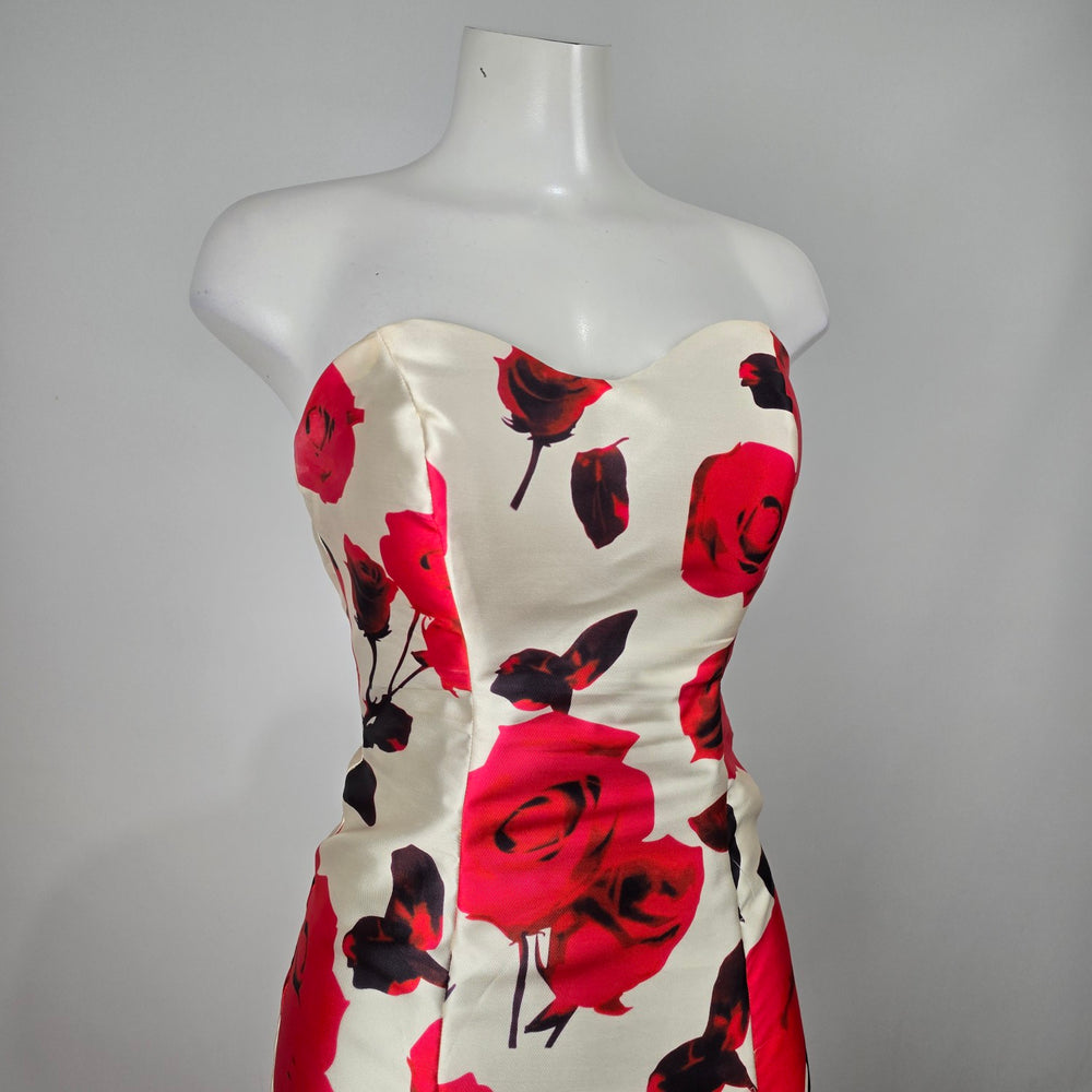 Jolene White Red Rose Print Strapless Mermaid Formal Gown Lace Up Back Size S/M