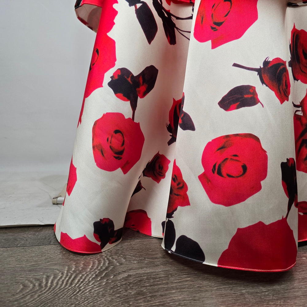 Jolene White Red Rose Print Strapless Mermaid Formal Gown Lace Up Back Size S/M