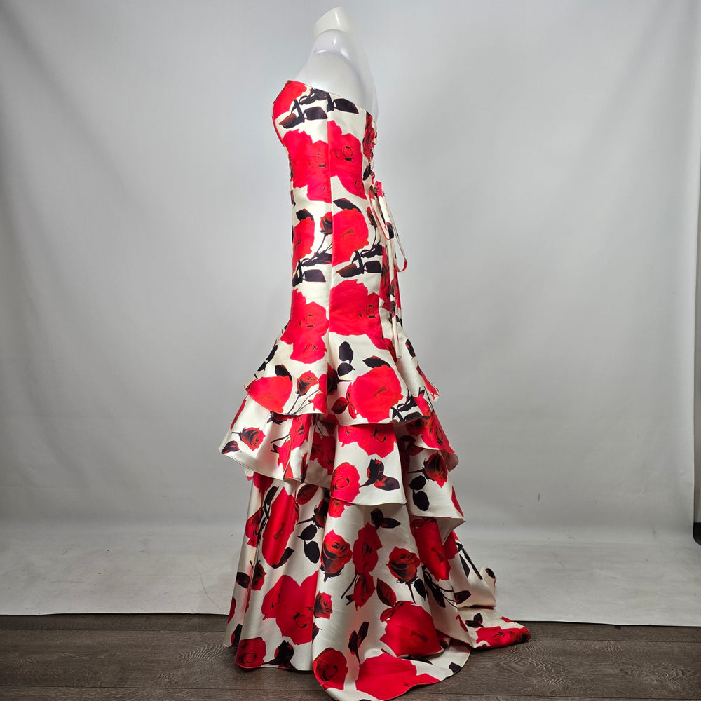 Jolene White Red Rose Print Strapless Mermaid Formal Gown Lace Up Back Size S/M