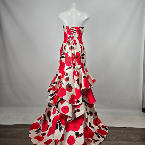 Women's White Red Rose Print Strapless Mermaid Formal Gown Lace Up Back Size S/M
