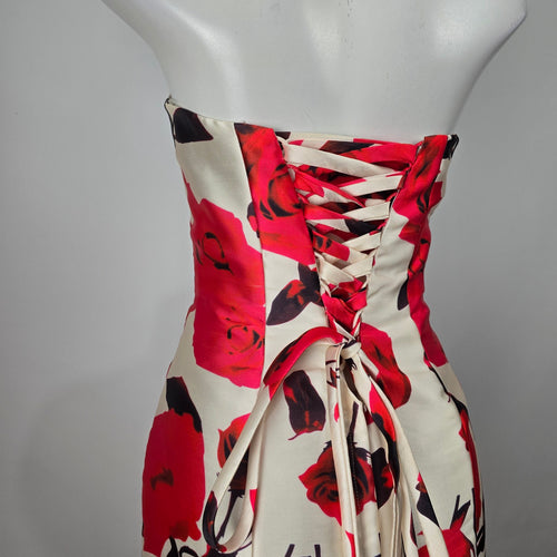 Women's White Red Rose Print Strapless Mermaid Formal Gown Lace Up Back Size S/M