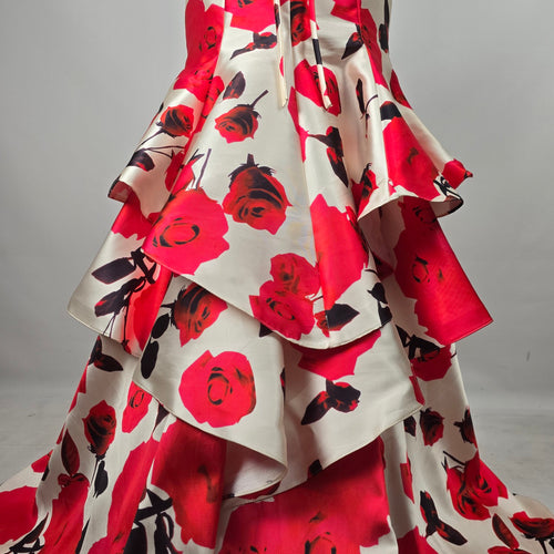 Women's White Red Rose Print Strapless Mermaid Formal Gown Lace Up Back Size S/M