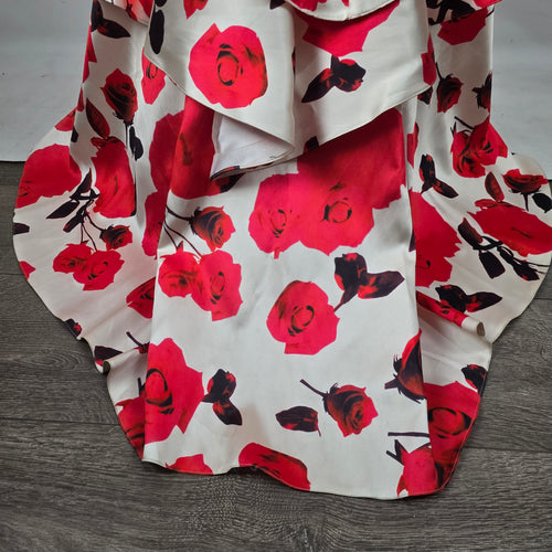 Women's White Red Rose Print Strapless Mermaid Formal Gown Lace Up Back Size S/M