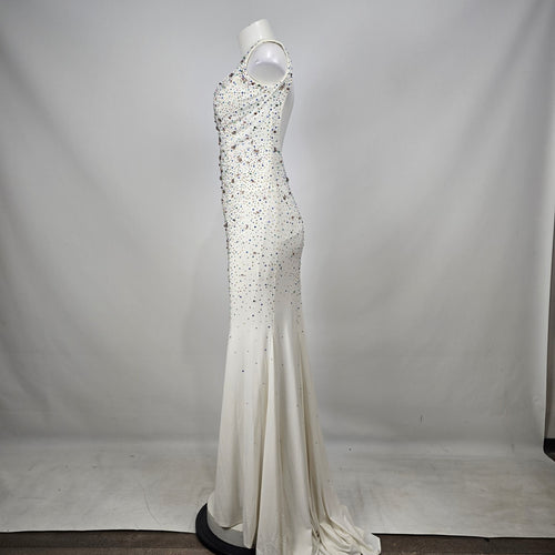 White Rhinestone Mermaid Prom Evening Gown Dress Size S