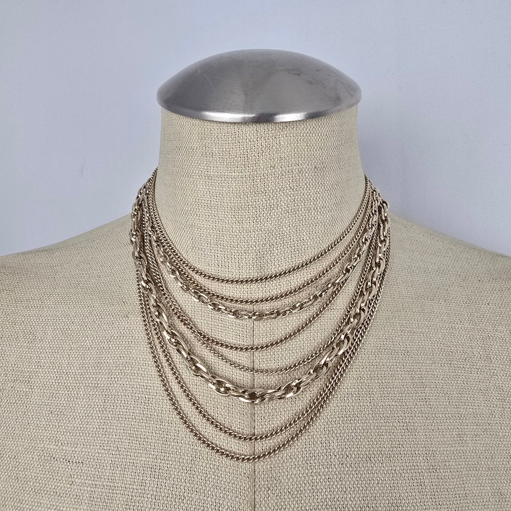 Vintage Western Germany Gold Tone Multi Layer Chain Statement Necklace