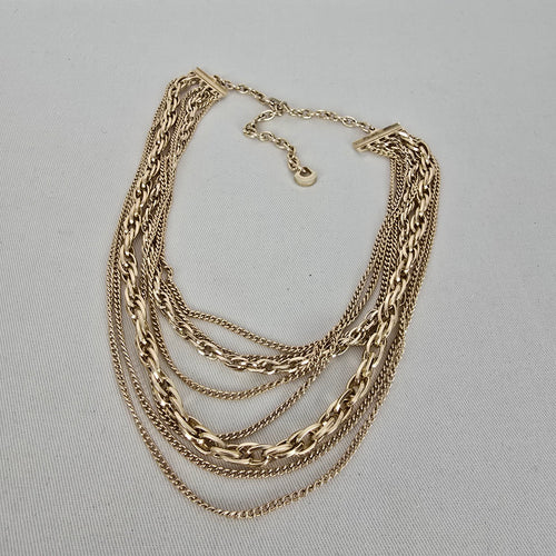 Vintage Western Germany Gold Tone Multi Layer Chain Statement Necklace