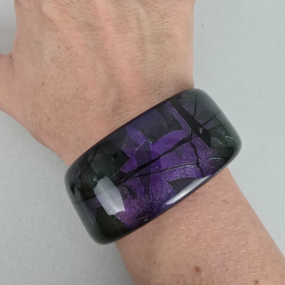 Wide Purple Black Marbled Glass Cuff Bracelet Abstract Statement Bangle