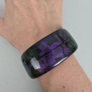 Wide Purple Black Marbled Glass Cuff Bracelet Abstract Statement Bangle