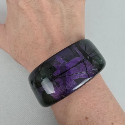 Wide Purple Black Marbled Glass Cuff Bracelet Abstract Statement Bangle