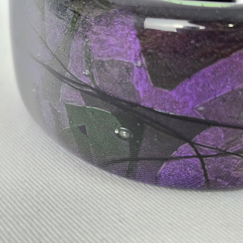 Wide Purple Black Marbled Glass Cuff Bracelet Abstract Statement Bangle