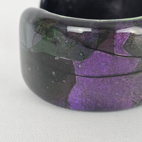 Wide Purple Black Marbled Glass Cuff Bracelet Abstract Statement Bangle